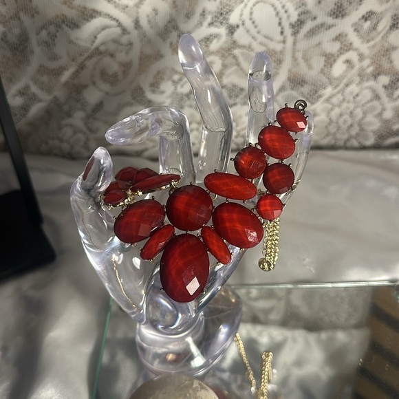 Statement Collar Bib Necklace Red Stones Goldtone 10” - Picture 9 of 9